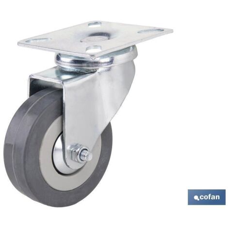 Rueda de goma gris con placa, diámetro 65 mm, soporta hasta 45 kg, uso industrial y doméstico.