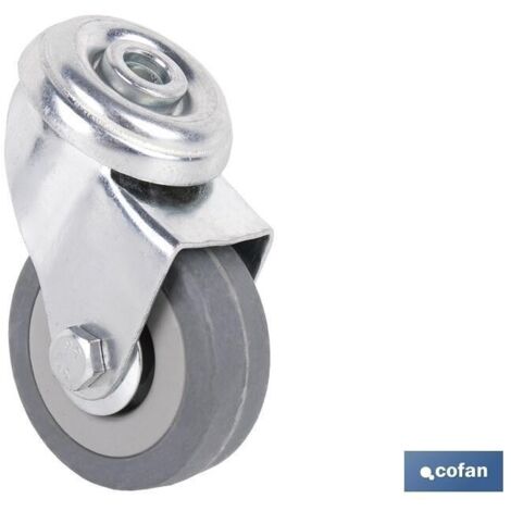 Rueda de goma gris pasante Ø50x18mm, soporta hasta 45 kg, ideal para mobiliario.