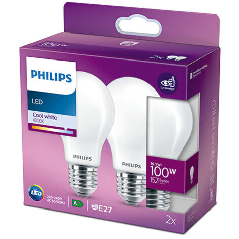 Bombilla estándar led e27, 10,5 w, 1521 lm, 4000k, luz día, 2 uds