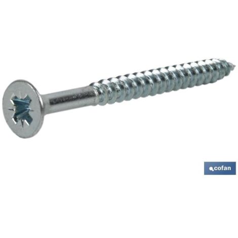 COFAN din-7505a pz m-5 x 90 z caja 100 unid. , Tornillo zincado rosca madera para aglomerado DIN-7505A. Cabeza avellanada con mortaja pozidrive. Disponible en diferentes medidas