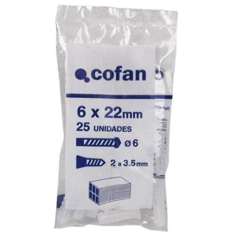 COFAN bolsa 25 uds taco plástico 6 mm caja 40 unid. , Taco blanco estriado, en bolsitas de 100 unidades, ideal para ladrillos huecos. Dispone de 3 patas que se expanden para que
