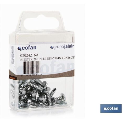 COFAN bl 8 uds. din-7504n 4,2x25 z caja 12 unid. , Autotaladrantes cabeza cilindrica DIN 7504n envasados en blister.