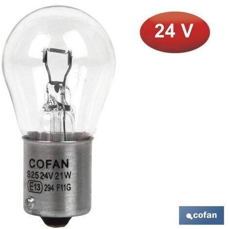 COFAN lámpara cofan 1 polo p21w (ba15s) 24v caja 10 unid. , Lámpara de un polo P21 de 24 voltios y 21W. Válida para coche, moto y tractor para pilotos o intermitentes. Cristal tr