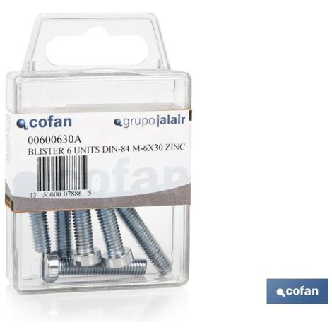 COFAN bl 6 uds. din-84 m-6x20 z   caja 12 unid. , Tornillos cabeza cilíndrica DIN 84 envasados en blister.