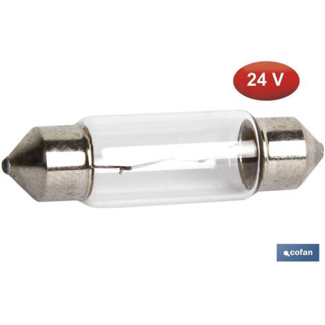 COFAN lámpara plafonier c10w (11x38mm) 24v caja 10 unid. , Lámpara plafonier de C10w de 24 voltios con medidas de Ø11 mm por 38 mm de longitud. Válida para pilotos o intermitente