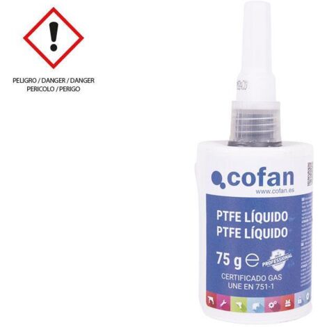 COFAN ptfe líquido - 75 g , PTFE líquido indicado para sellar tuberías de alta presión. Es adecuado para el agua potable y sustituye al cáñamo y a la cinta de PTFE en rollo. Forma