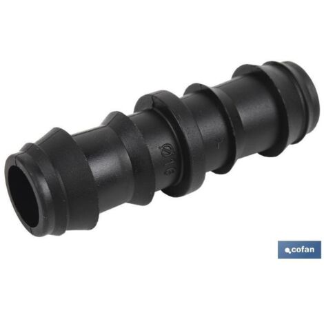 COFAN enlace recto ø16mm caja 100 unid. , Conector recto para riego por goteo ideal para agricultura y jardinería. Su diseño estriado permite su fácil montaje, sin necesidad de h