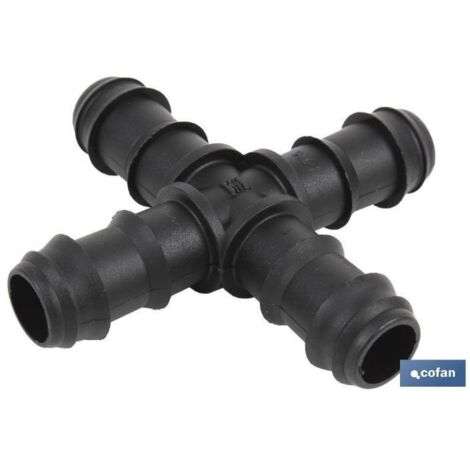 COFAN conexión cruz ø16mm caja 50 unid. , Conector en cruz para riego por goteo ideal para agricultura y jardinería. Su diseño estriado permite su fácil montaje, sin necesidad de