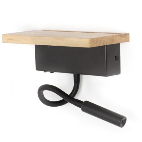 Aplique de pared LED “Bach” con USB (5W+3W 3000K 328lm+197lm) IP20 fabricado en madera y aluminio color negro mate y madera (1/5)