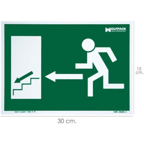 Cartel Fluorescente Salida Escalera Izquierda Abajo 21x30 cm. (1/2)