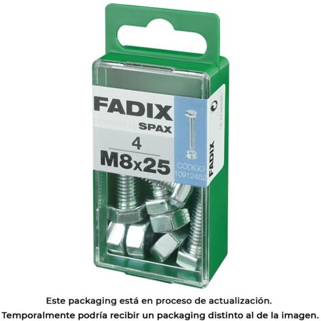Caja de 4 unidades de tornillo métrico con cabeza hexagonal y tuerca en cinc M 8x25mm Fadix (1/3)