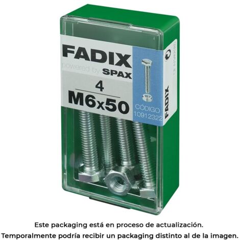 Caja de 4 unidades de tornillo métrico con cabeza hexagonal y tuerca en cinc M 6x50mm Fadix (1/3)