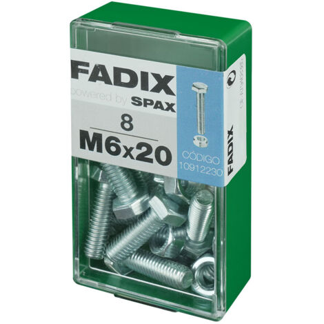 Caja de 8 unidades de tornillo métrico con cabeza hexagonal y tuerca en cinc M 6x20mm Fadix (1/2)