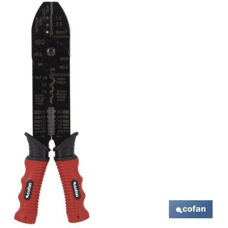 COFAN alicate term. aislados/no aislados 220 mm. , Alicates de crimpar prensa terminales para terminales aislados y terminales estañados de 0,75 mm a 6 mm. Longitud total: 220 mm.