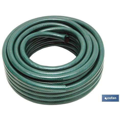 COFAN manguera pvc 3 capas c/acces. 5/8 15 m , Rollo de manguera fabricada con PVC de 3 capas. Incluye accesorios útiles para las labores de riego, limpiezas, coches, etc. Incluye (1/4)