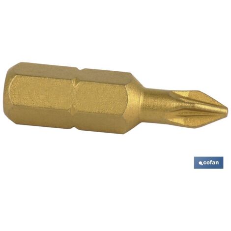 COFAN punta de titanio 1/4 50 mm pz-1 venta unitaria , Puntas titanio pozidrive de atornillar en 1/4, con huellas desde PZ-1 hasta PZ-3, y versiones de 25 mm y de 50 mm de largo. P
