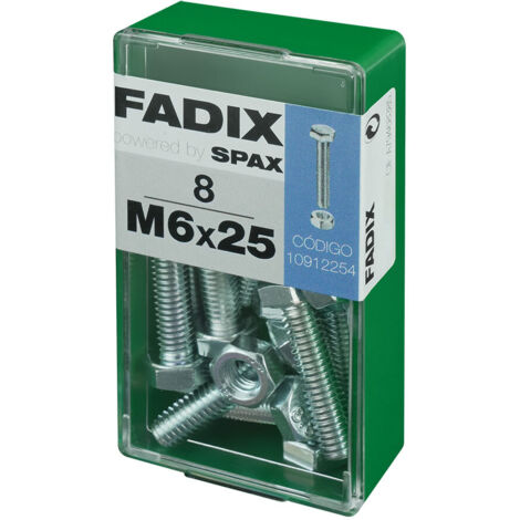 Caja de 8 unidades de tornillo métrico con cabeza hexagonal y tuerca en cinc M 6x25mm Fadix (1/2)
