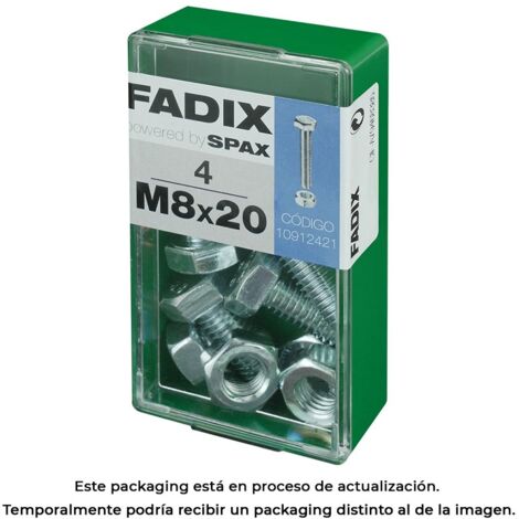 Caja de 4 unidades de tornillo métrico con cabeza hexagonal y tuerca en cinc M 8x20mm Fadix (1/3)