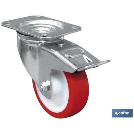 COFAN rueda poliuretano placa/freno ø100x30mm , Ruedas de poliuretano con placa giratoria y freno especiales para carretillas, mantenimiento, contenedores, industrias, químicos y s
