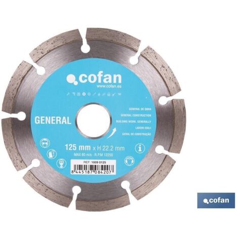 COFAN disco diam. universal basico 125 mm. , Discos de diamante segmentado Cofan obra estándar universal base. corte de todo tipo de materiales de construcción. Excelente corte en