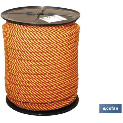 COFAN cuerda helicoidal 16mm 25 m. rojo/amar. , Cuerda trenzada helicoidal 100% polipropileno color amarillo/rojo, realizada con alma trenzada en 8 cabos y 24 cabos en granete. Cue