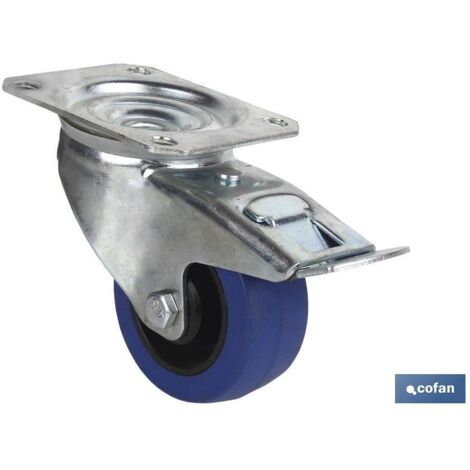 COFAN rueda goma azul placa/freno ø80x35mm , Rueda de goma azul con placa giratoria y freno, especial para carretillas, mantenimiento, contenedores, industrias, químicos y servicio