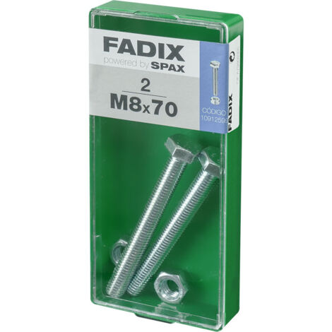 Caja de 2 unidades de tornillo métrico con cabeza hexagonal y tuerca en cinc M 8x70mm Fadix (1/2)