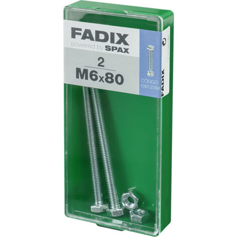 Caja de 2 unidades de tornillo métrico con cabeza hexagonal y tuerca en cinc M 6x80mm Fadix (1/2)