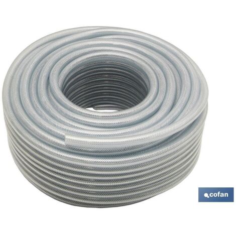 COFAN manguera pvc cristal c/refuerzo 30x38mm/25m , Rollo de manguera de PVC cristal con refuerzo de nylon. Adecuada para pasar bajo presión productos fitosanitarios, aire, product