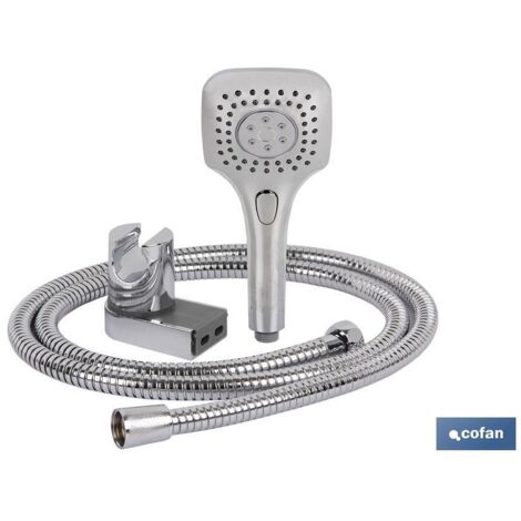 COFAN kit ducha cuadrada 3 funciones (mango+flexo+colgador) , Kit de Ducha Cuadrado para baño. Compuesto por un mango de ducha con 3 Funciones de hidroterapia y salidas anti cal, f
