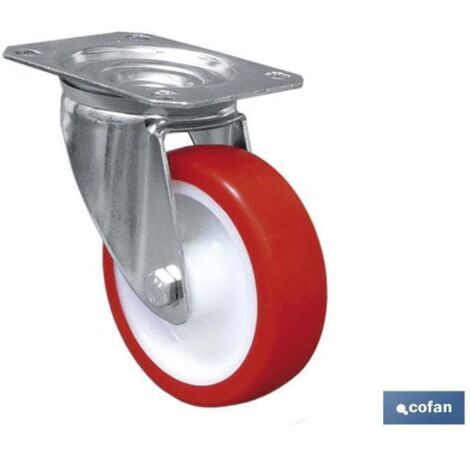 COFAN rueda poliuretano placa ø100x30mm , Ruedas de poliuretano con placa giratoria especiales para carretillas, mantenimiento, contenedores, industrias, químicos y servicios públi