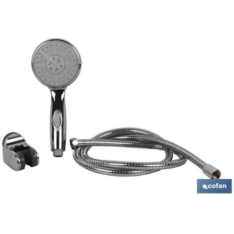 COFAN kit ducha 5 funciones (mango+flexo+colgador) , Kit de ducha modelo ABS cromado. Cuenca con 5 funciones y está compuesto de un mango de ducha con 5 posiciones de hidroterapia
