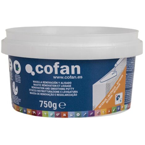 COFAN masilla renovación y alisado para interior 750 g , Masilla de renovación y alisado estructurada en pasta indicada para su uso en interiores. Ideal para alisar fondos en relie