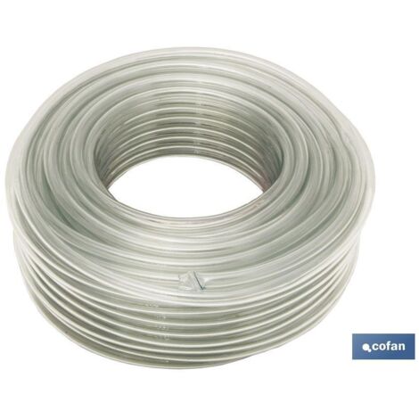 COFAN manguera pvc monocapa cristal 16x22mm/50m , Rollo de manguera de PVC cristal. Adecuada para pasar sin presión productos, líquidos, agua, aceites, etc. Resistente a la luz y a