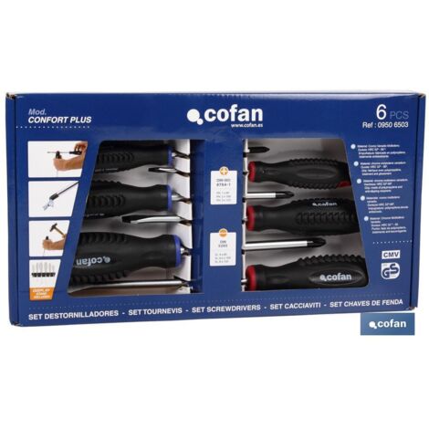 COFAN set destornilladores 6 pcs. serie 6000 , Juego de 3 destornilladores planos y 3 destornilladores Phillips más expositor adicional en su interior. Modelo Confort plus suminist