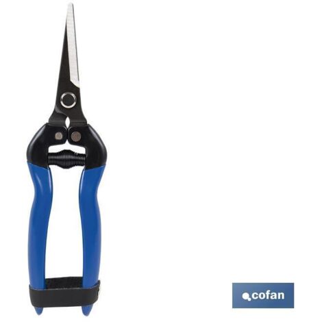 COFAN tijera recoleccion punta recta 185 mm , Tijeras de recolección 185 mm de punta curva. Su hoja es de acero, el mango esta bañado en PVC antideslizante y está equipada con un s