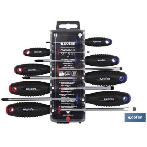 COFAN display destornilladores plano-phillips 8 pcs. , Juego de 8 destornilladores planos y Phillips, modelo Confort plus suministrados en un estuche ideal para el transporte y alm