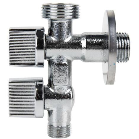 COFAN válvula de escuadra 1/2 x 3/4 x 3/8 doble salida , Válvula de escuadra con doble salida. Fabricada en latón CW617N. Dos salidas independientes. Cierre y apertura en ambas de