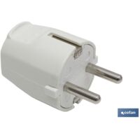 COFAN clavija bipolar blanca (16a-250v) , Clavija bipolar tipo Schuko de 16 A Clase II, sin toma de tierra. 250 V. Potencia máxima: 3680 W. Colores blanco y negro.