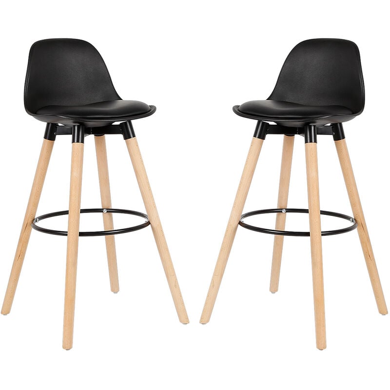 Juego de 2 Taburetes Tapizados de PU, Taburetes de Bar con Reposapiés, Patas de Madera de Haya - Negro