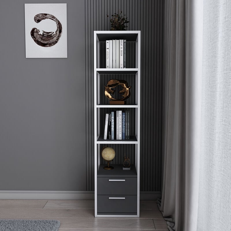 Decorotika Robins 4-Tier Standard Bookcase, Bookshelf, Multifunctional Shelving  Unit With Metal Frame, Two Drawers For Living Room, Bedroom, Kitchen  White And Grey Colour