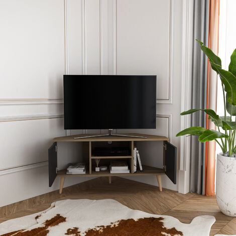 Decorotika - Lesson Corner TV Stand 2 Shelves and Two Cabinets - Walnut  and Black