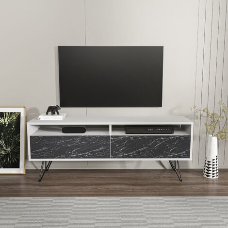 Decorotika Flay Modern Design TV Stand for TVs up to 65" - Black Marble Effect and White
