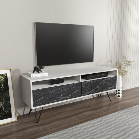 Decorotika Flay Modern Design TV Stand for TVs up to 65" - Black Marble Effect and White