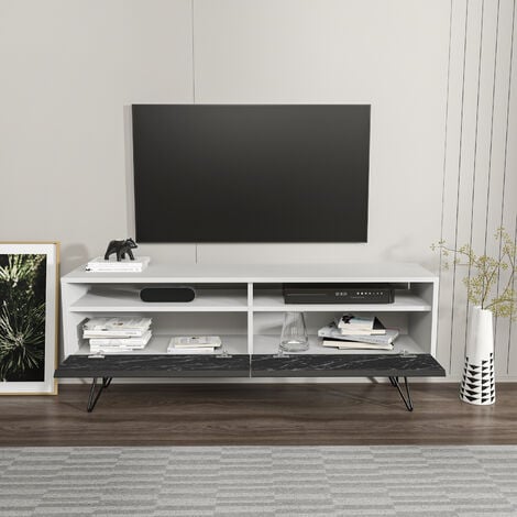 Decorotika Flay Modern Design TV Stand for TVs up to 65" - Black Marble Effect and White