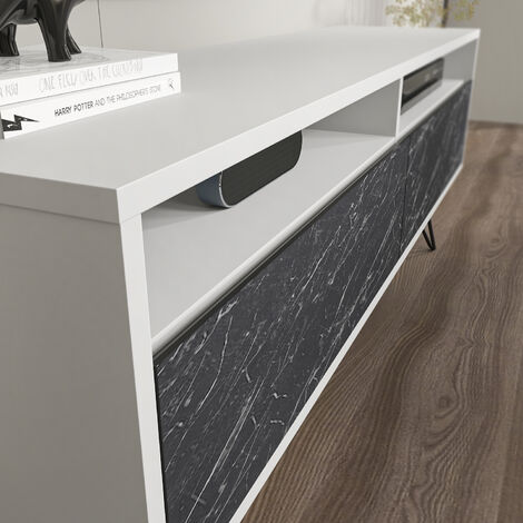 Decorotika Flay Modern Design TV Stand for TVs up to 65" - Black Marble Effect and White