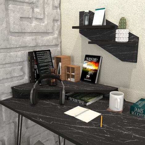 Decorotika Desalvo Modern Computer Desk With Shelves - White Marble Effect And White