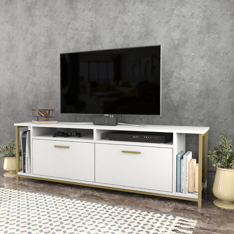 Decorotika Omar 160 Cm TV Unit TV Stand TV Console TV Unit With Open Shelves And Cabinets - Walnut And White
