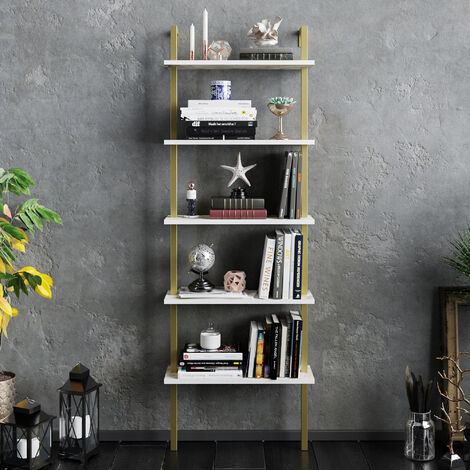 Decorotika Piante 5-Tier Modern Bookshelf Bookcase Multifunctional Shelving Unit - White Marble Effect And Gold