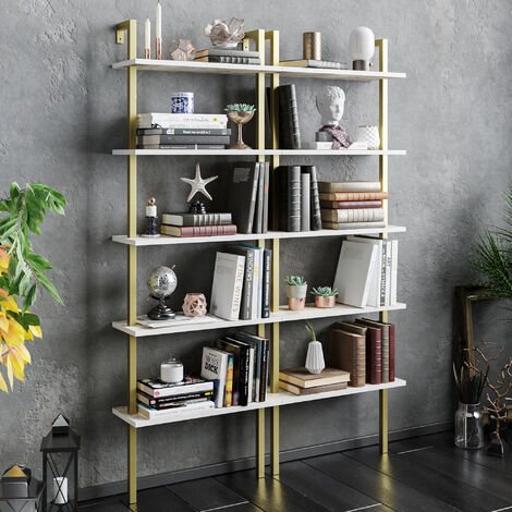 Decorotika Piante 5-Tier Modern Bookshelf Bookcase Multifunctional Shelving Unit - White Marble Effect And Gold